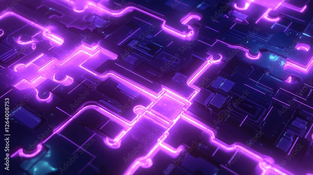 Poster a 3d futuristic circuit board with glowing puzzle pieces forming a pathway, creating an abstract dig