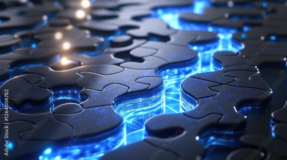 Poster A 3D futuristic circuit board with glowing puzzle pieces forming a pathway, creating an abstract digital design full of energy and glowing light.