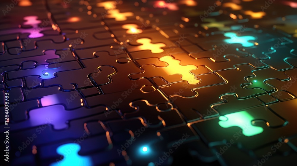Poster a 3d futuristic circuit board with glowing puzzle pieces forming a pathway, creating an abstract dig