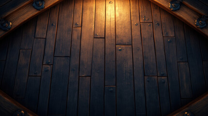 Naklejka premium Wooden board background from pirate ship, featuring dark planks and warm lighting, creating rustic and adventurous atmosphere