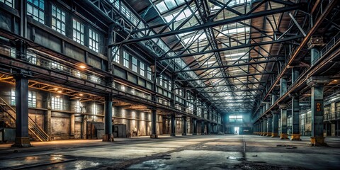 Darkness fills a vast industrial space, industrial architecture