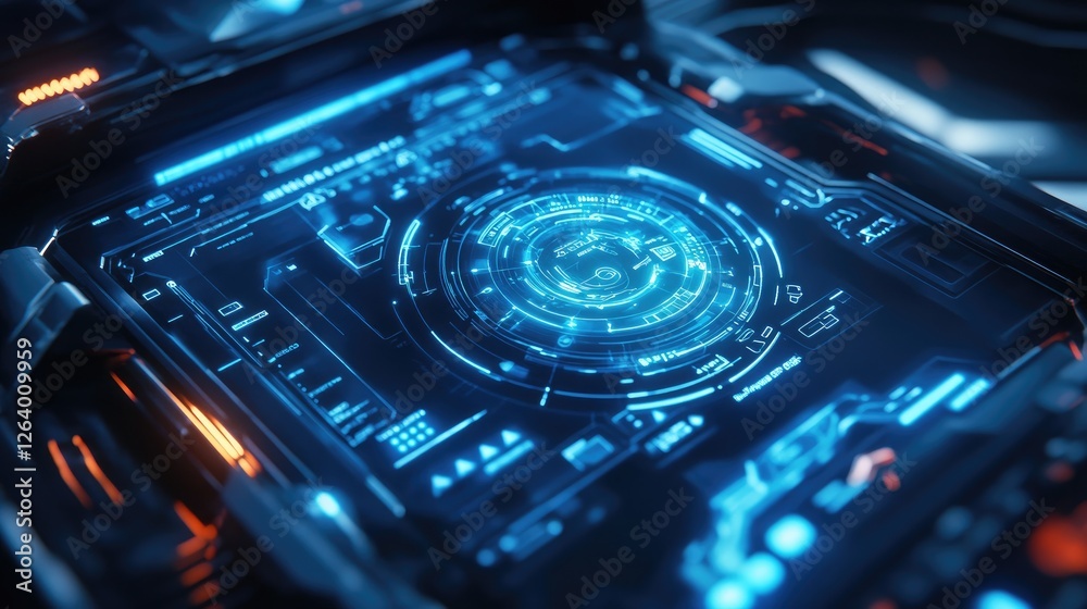 Aufkleber A 3D rendering of a holographic smart car interface glowing in blue, representing futuristic vehicle technology with an advanced user interface.