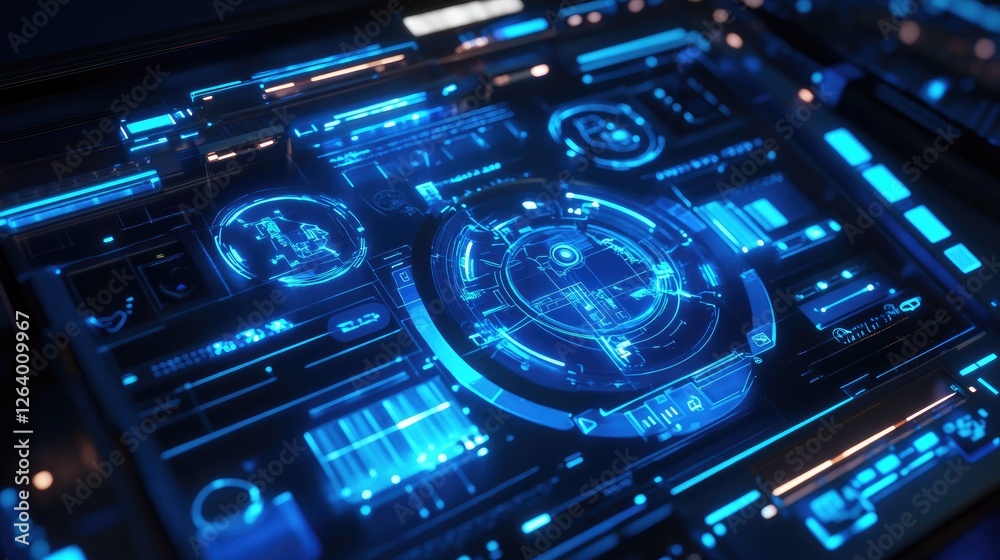 Aufkleber A 3D rendering of a holographic smart car interface glowing in blue, representing futuristic vehicle technology with an advanced user interface.