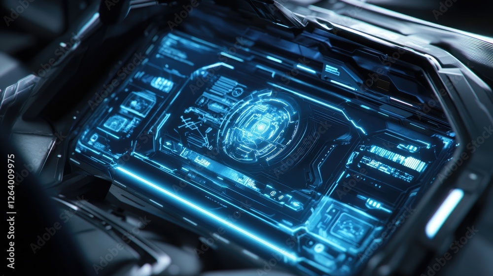 Poster A 3D rendering of a holographic smart car interface glowing in blue, representing futuristic vehicle technology with an advanced user interface.
