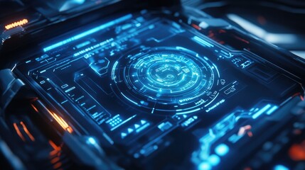 A 3D rendering of a holographic smart car interface glowing in blue, representing futuristic vehicle technology with an advanced user interface.