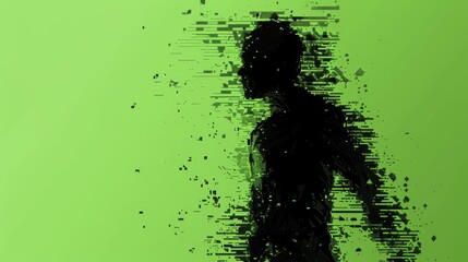 Obraz premium A fragmented digital silhouette of a human figure dissolving into pixels, representing artificial intelligence, digital transformation, and virtual identity in a futuristic world. AI generated.