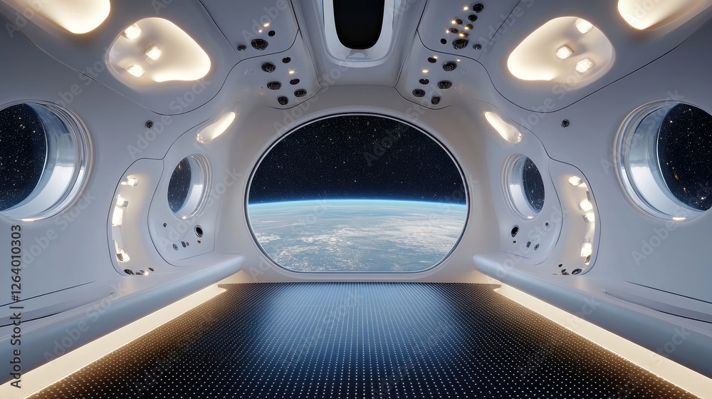 Aufkleber a 3d rendering of a sleek, modern white spaceship interior with glowing lights and a breathtaking vi