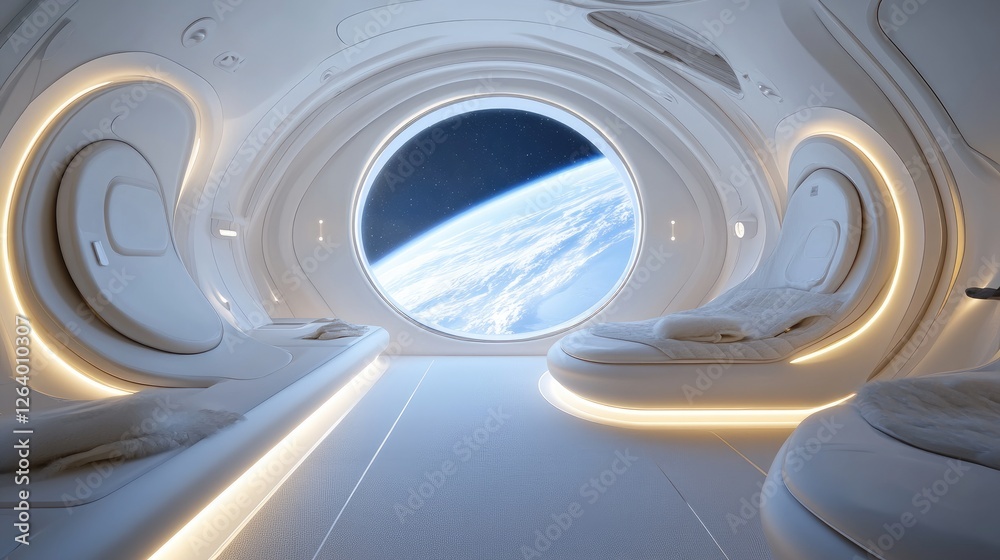 Aufkleber a 3d rendering of a sleek, modern white spaceship interior with glowing lights and a breathtaking vi