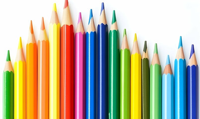 Vibrant colored pencils arranged in a captivating row against a stark white background, ideal for education, art, and creativity themes.
