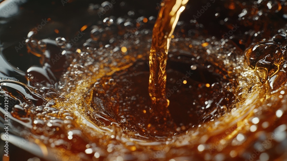Poster a captivating close-up of coffee pouring into a cup, with splashes and textures on the surface, high