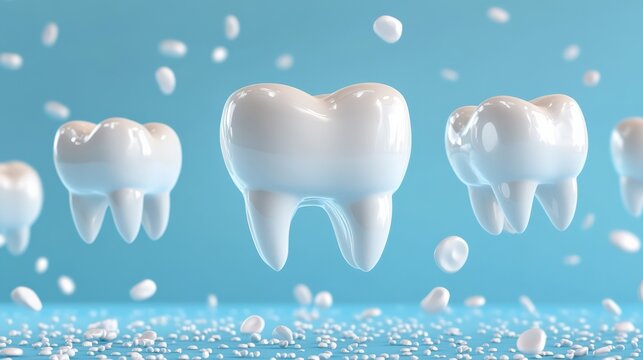 Shiny White Teeth with Dental Care Elements on Soft Blue Background