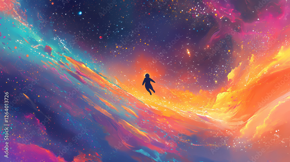 Canvas Prints a lone astronaut floats in a colorful cosmic space, exploring the wonders of the universe amidst vib