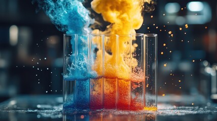 Glass filled with colorful liquid and yellow substance in a laboratory setting