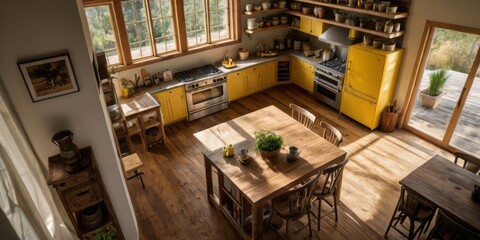 Fototapeta premium Sunlit Rustic Kitchen With Yellow Appliances And Wooden Table