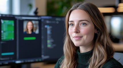 Naklejka premium Portrait of a friendly and professional woman deeply engaged in technology and computing showcasing her expertise competence and dedication in her work as a software developer or engineer