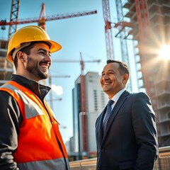 Una persona que lleva un casco y una persona que lleva un traje est&aacute;n sonriendo. 