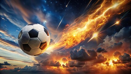 Fiery soccer ball suspended in darkened evening sky amidst electrified clouds and shooting stars,fire