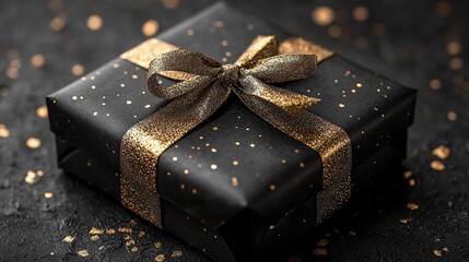 Elegant black gift box adorned with golden ribbon and sparkles on a dark textured background