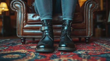 Stylish black boots worn by a person sitting on a vintage leather chair in a cozy room