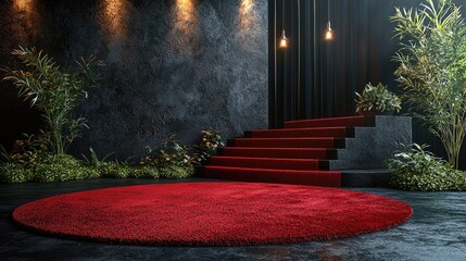 Elegant red carpet setting with stairs and lush greenery, perfect for events or photo shoots