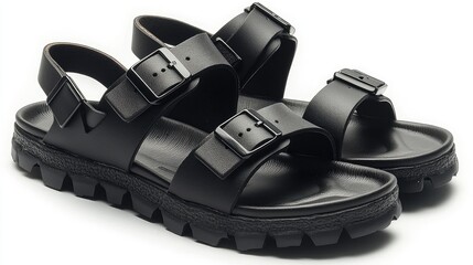Stylish black sandals with adjustable straps, set against a clean, minimalistic background