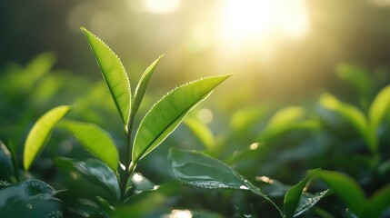 Fototapeta premium Green leaf with sunlight in background at tea plantation in cameron highlands malaysia