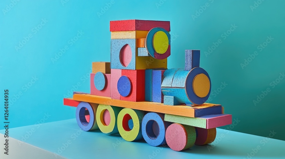 Poster a cheerful and colorful toy made from recycled materials, combining playful design and vibrant color