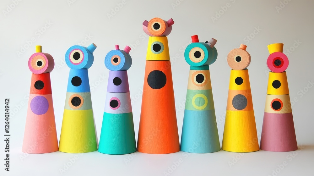 Poster a cheerful and colorful toy made from recycled materials, combining playful design and vibrant color