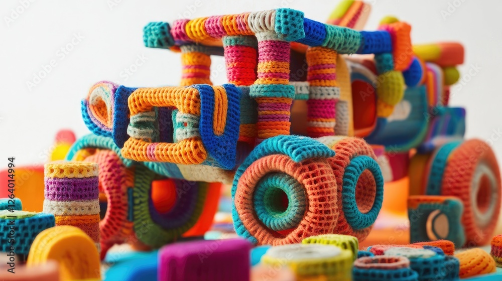 Poster a cheerful and colorful toy made from recycled materials, combining playful design and vibrant color