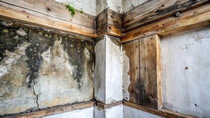 Obraz premium Mould growing in a damp corner of an old house with grey walls and wooden beams, grime, decay
