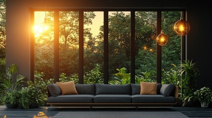 Modern living room with a cozy sofa, large windows showcasing a vibrant sunset and lush greenery