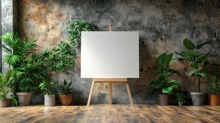 A blank canvas on an easel surrounded by lush greenery in a rustic interior setting