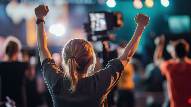 Female videographer recording a live music event, raising her hands in celebration while capturing the energetic atmosphere and enthusiastic crowd
