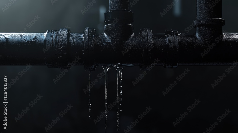 Aufkleber A close-up of a black pipe dripping water in a dark setting, emphasizing the simplicity and function of plumbing and water flow.