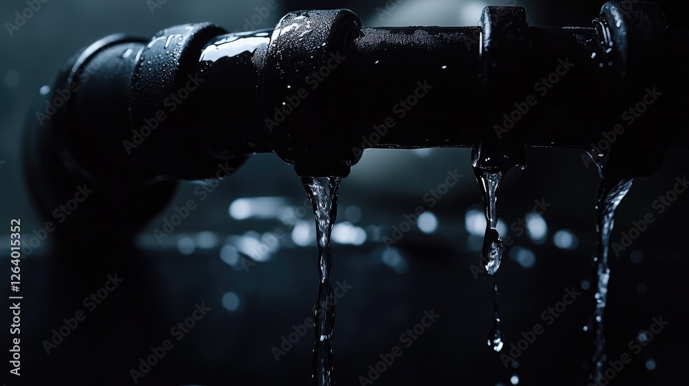 Poster A close-up of a black pipe dripping water in a dark setting, emphasizing the simplicity and function of plumbing and water flow.