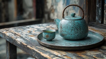 Teapot and cup with fresh green tea on table tray for relaxing beverage experience