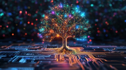 Obraz premium A glowing, electric tree design made of circuit paths, radiating vibrant colors against a high-tech circuit board.