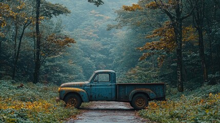 Vintage blue pickup truck parked on a misty forest road surrounded by lush greenery