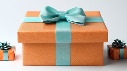 Brightly colored orange gift box with aqua ribbon, surrounded by smaller wrapped presents on a clean surface