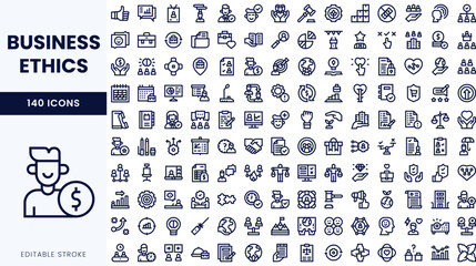 A collection of icons representing business ethics, showcasing diverse concepts such as integrity, compliance, and responsibility.