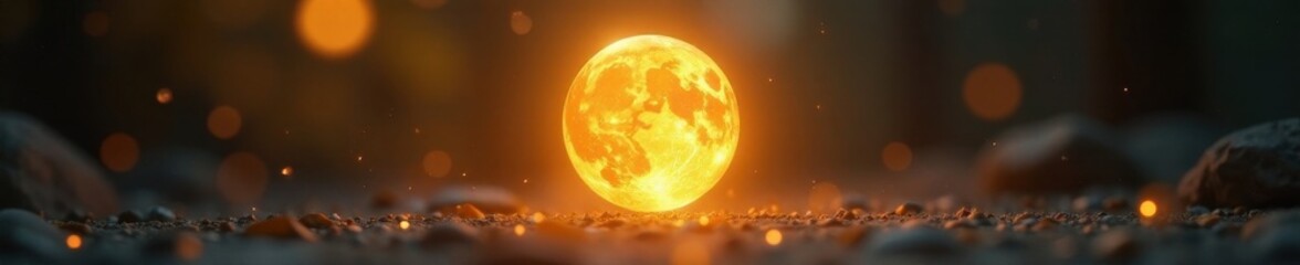 Golden orb hovering in mid-air, softly illuminating surroundings , luminous sphere, mystical energy, soft glow