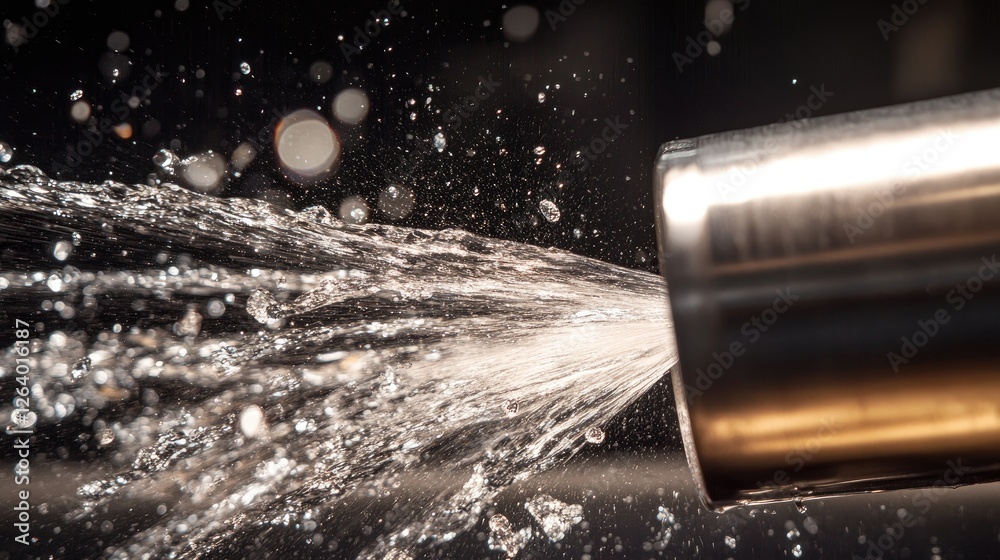 Aufkleber a close-up of a metallic pipe ejecting water with force, splashing against a dark background, showca