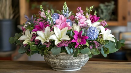 Pastel floral arrangement in bowl, shop background