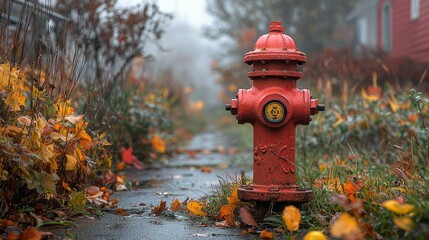 Vibrant red fire hydrant amidst colorful autumn leaves on a foggy suburban street