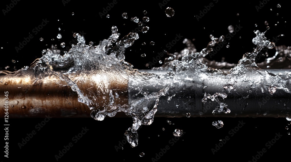 Poster a close-up of a metallic pipe forcefully discharging water, creating dramatic splashes against a dar