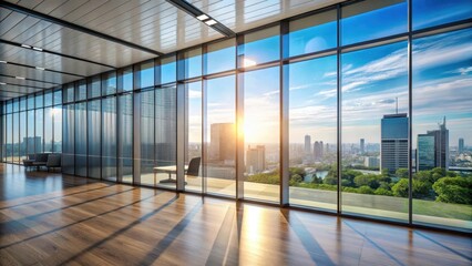 Tinted film installation in modern office building with UV protection, modern architecture, UV blocking glass