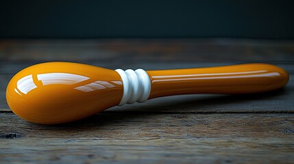 Glossy orange and white object resting on a wooden surface with a dark background