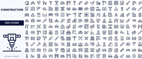 Collection of editable stroke construction icons in a clean design, featuring tools, structures, and safety equipment.