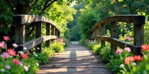 Obraz premium Weathered wooden bridge surrounded by blooming vines and wildflowers, foliage, wooden, overgrown