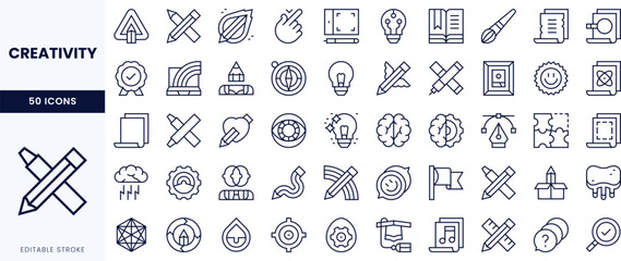 A collection of creativity-themed icons featuring pencils, light bulbs, charts, and artistic tools in a clean, modern design.
